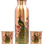 Peacock Printed Copper Water Bottle With Glass