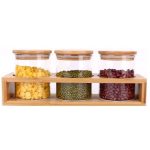 Glass Storage Jars Tray with 3 Bamboo Lid (320ml)