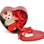 Heart Shaped Tin Box with Teddy Bear and Fabric Roses